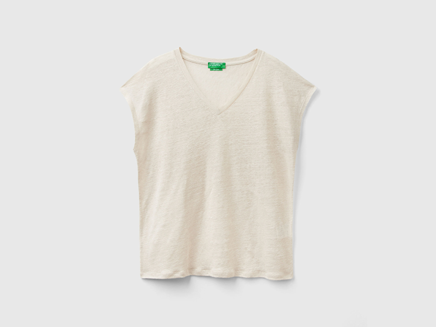 Benetton Kadın Bej %100 Keten Rahat Kalıp Derin V Yaka Kolsuz T-Shirt