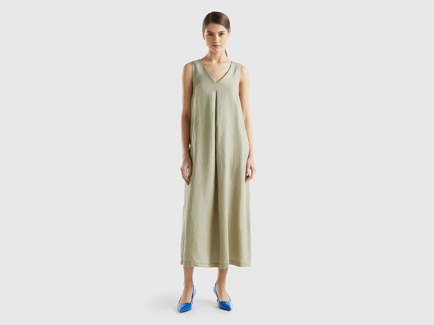 Benetton Kadın Haki %100 Keten V Yaka Kolsuz A Kesim Midi Elbise