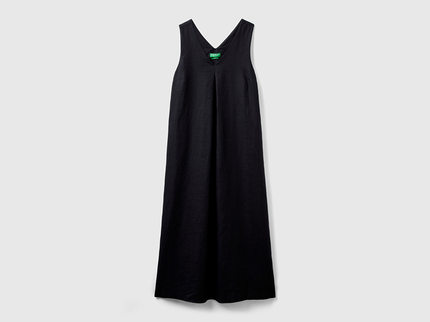 Benetton Kadın Siyah %100 Keten V Yaka Kolsuz A Kesim Midi Elbise