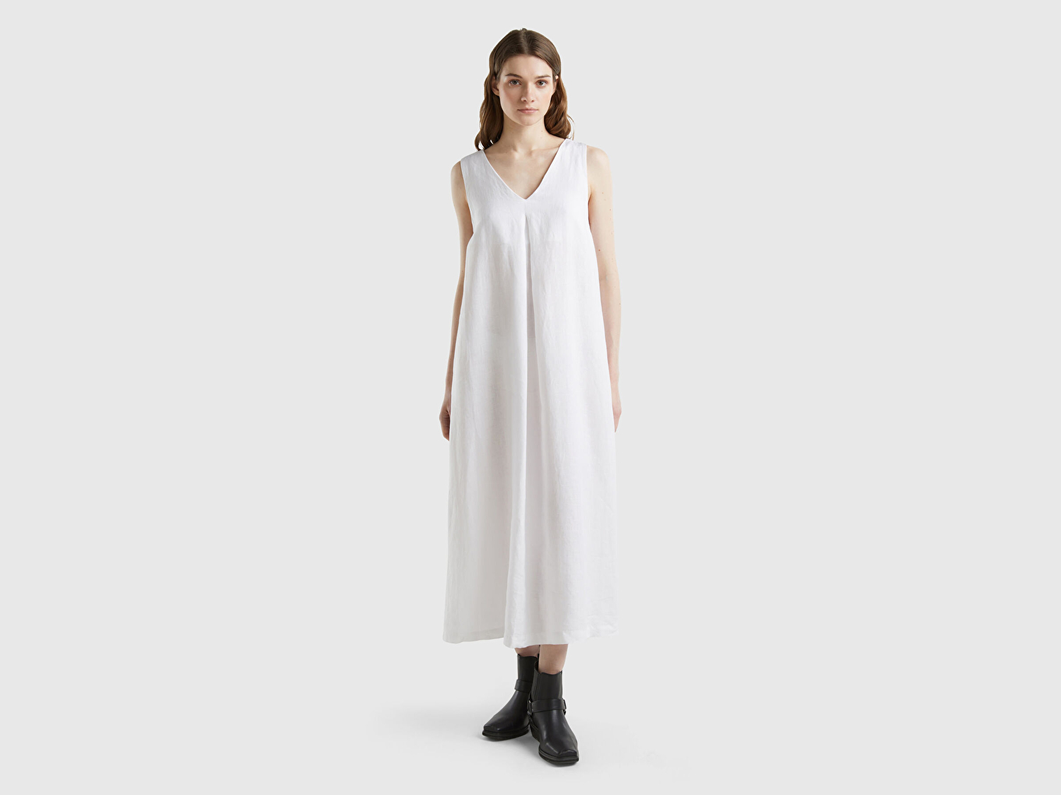 Benetton Kadın Beyaz %100 Keten V Yaka Kolsuz A Kesim Midi Elbise