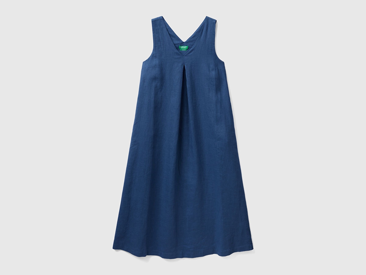 Benetton Kadın Gece Mavisi %100 Keten V Yaka Kolsuz A Kesim Midi Elbise