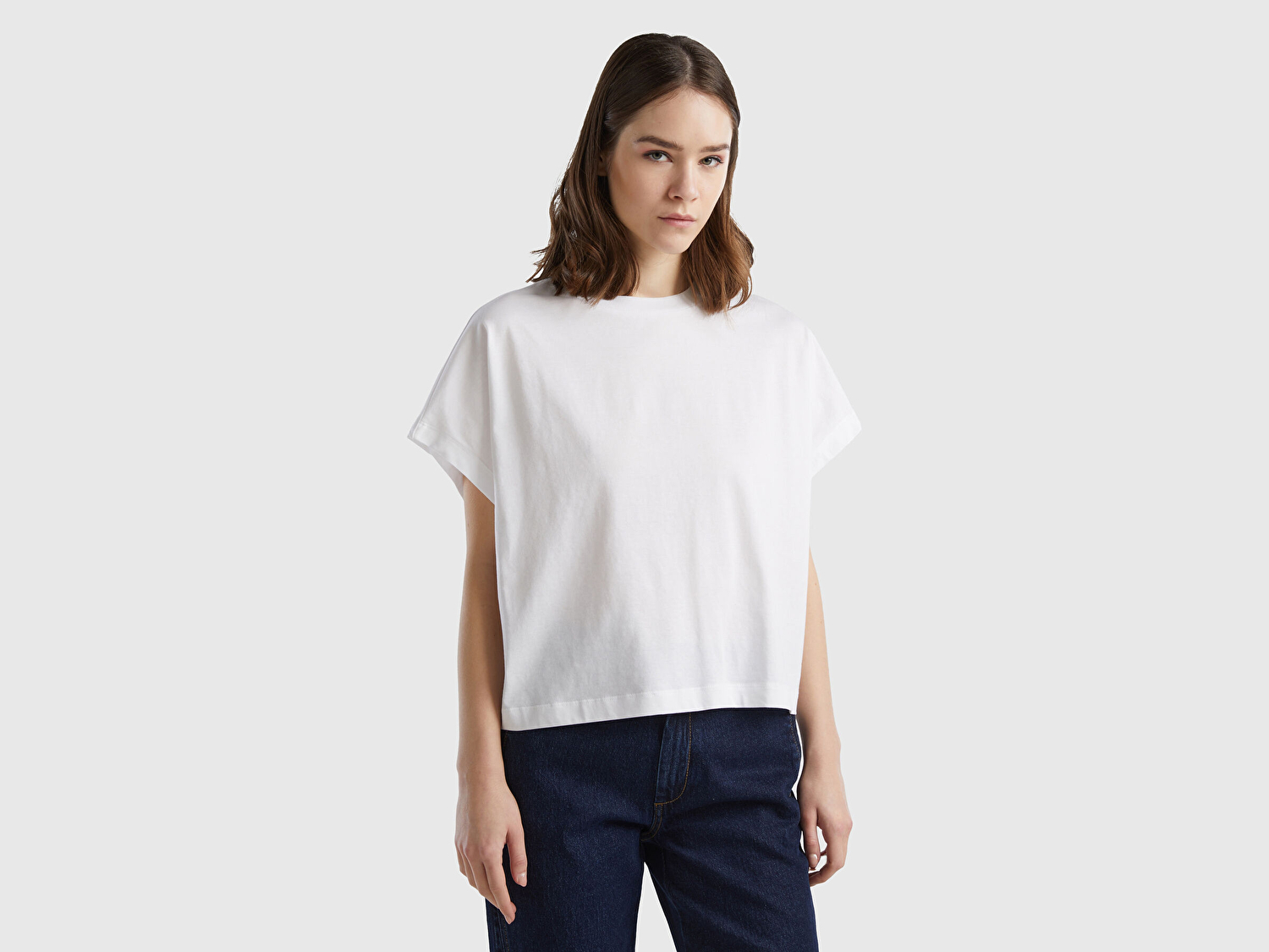 Benetton Kadın Beyaz %100 Pamuk Kimono Kollu Bisiklet Yaka T-Shirt