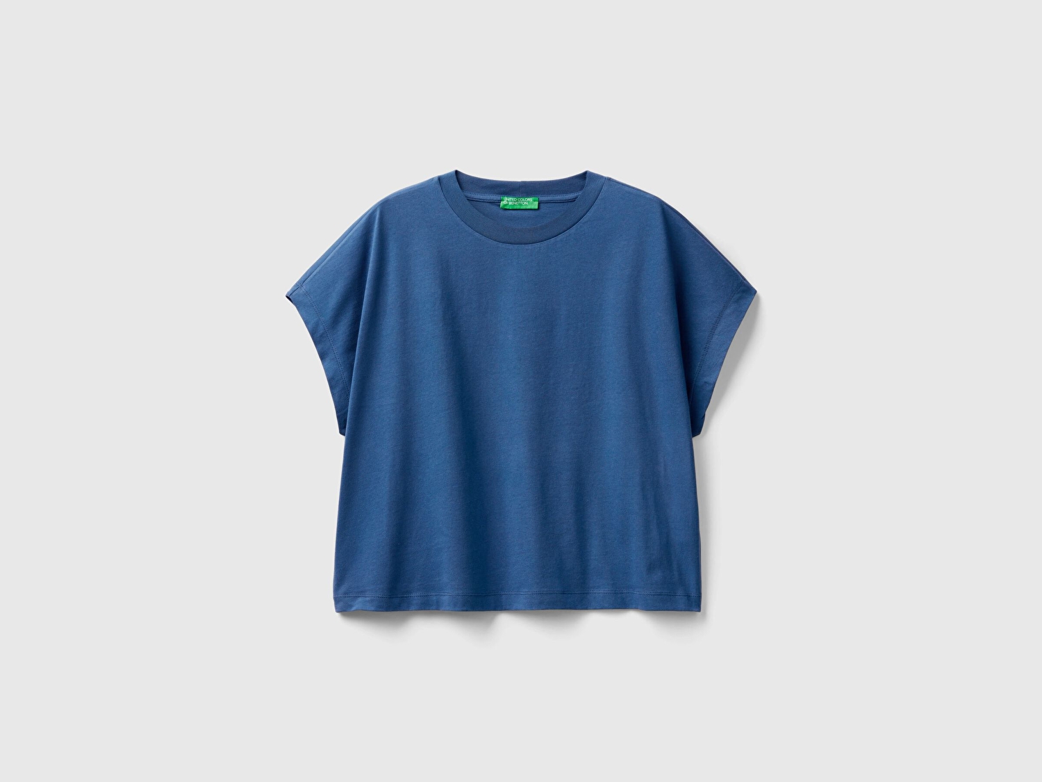 Benetton Kadın Gece Mavisi %100 Pamuk Kimono Kollu Bisiklet Yaka T-Shirt