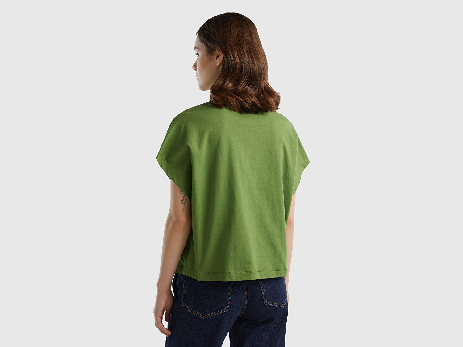 Benetton Kadın Soluk Yeşil %100 Pamuk Kimono Kollu Bisiklet Yaka T-Shirt