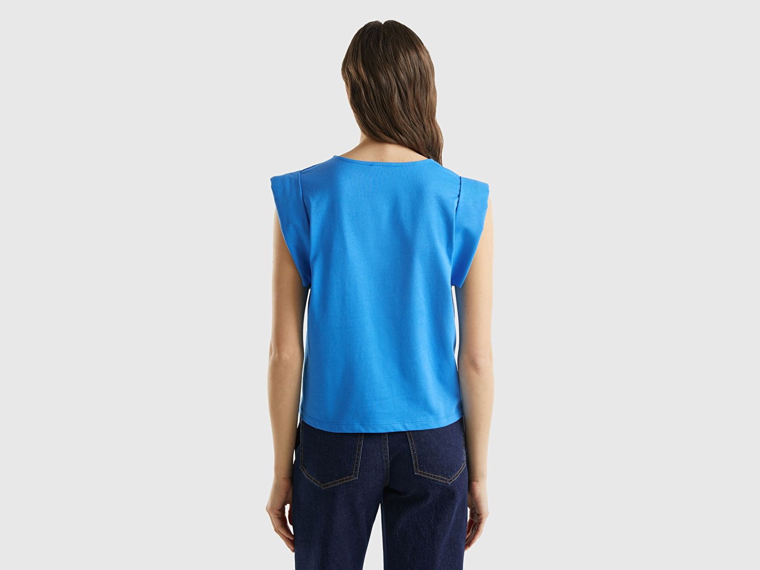 Benetton Kadın Mavi %100 Pamuk Geniş ve Kıvrık Kollu Bisiklet Yaka T-Shirt