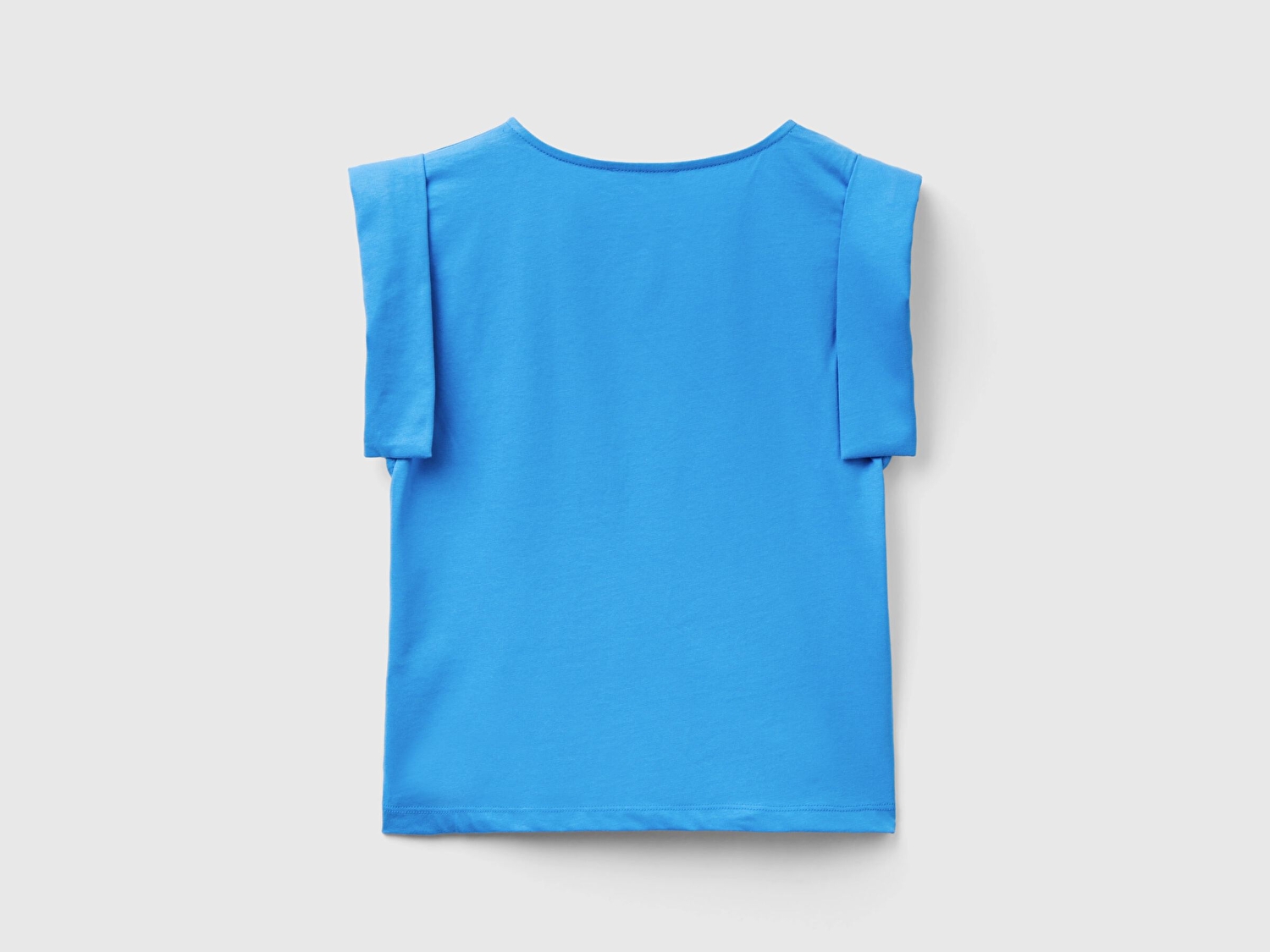 Benetton Kadın Mavi %100 Pamuk Geniş ve Kıvrık Kollu Bisiklet Yaka T-Shirt