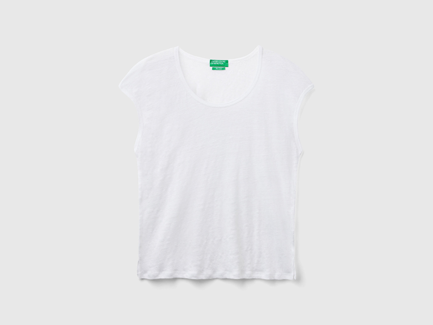 Benetton Kadın Beyaz %100 Keten Rahat Kalıp Geniş Bisiklet Yaka Kolsuz T-Shirt