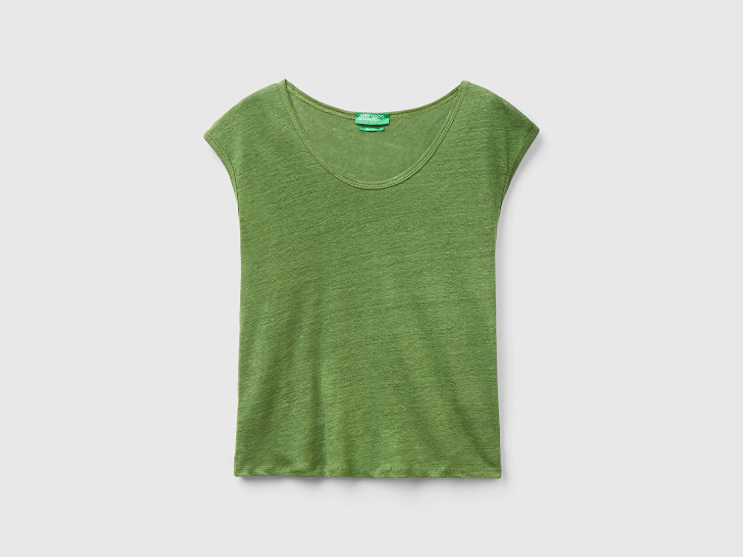 Benetton Kadın Soluk Yeşil %100 Keten Rahat Kalıp Geniş Bisiklet Yaka Kolsuz T-Shirt