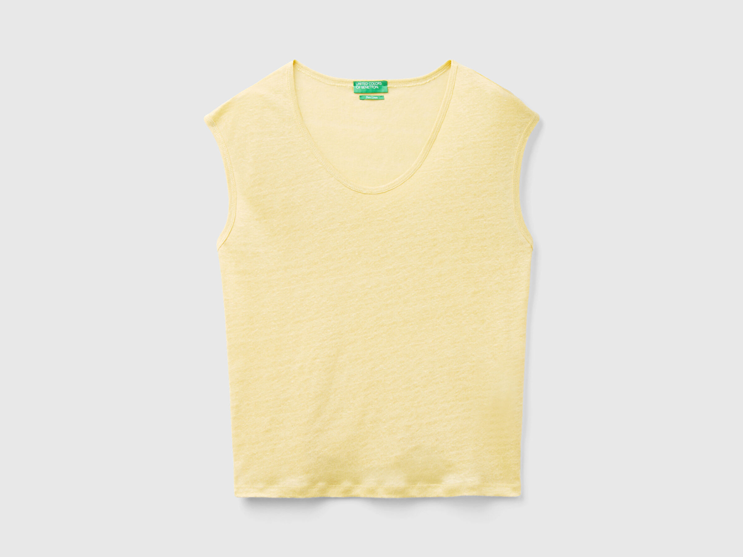 Benetton Kadın Açık Sarı %100 Keten Rahat Kalıp Geniş Bisiklet Yaka Kolsuz T-Shirt