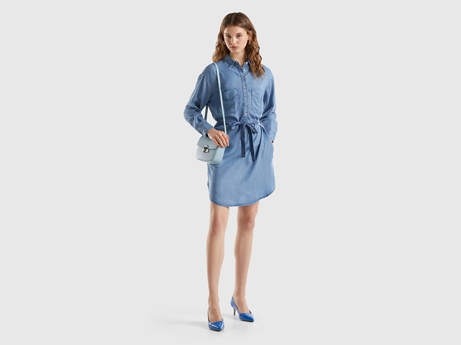 Benetton Kadın Mavi %100 Liyosel Göğsü Yama Cepli Belden Bağlamalı Denim Elbise