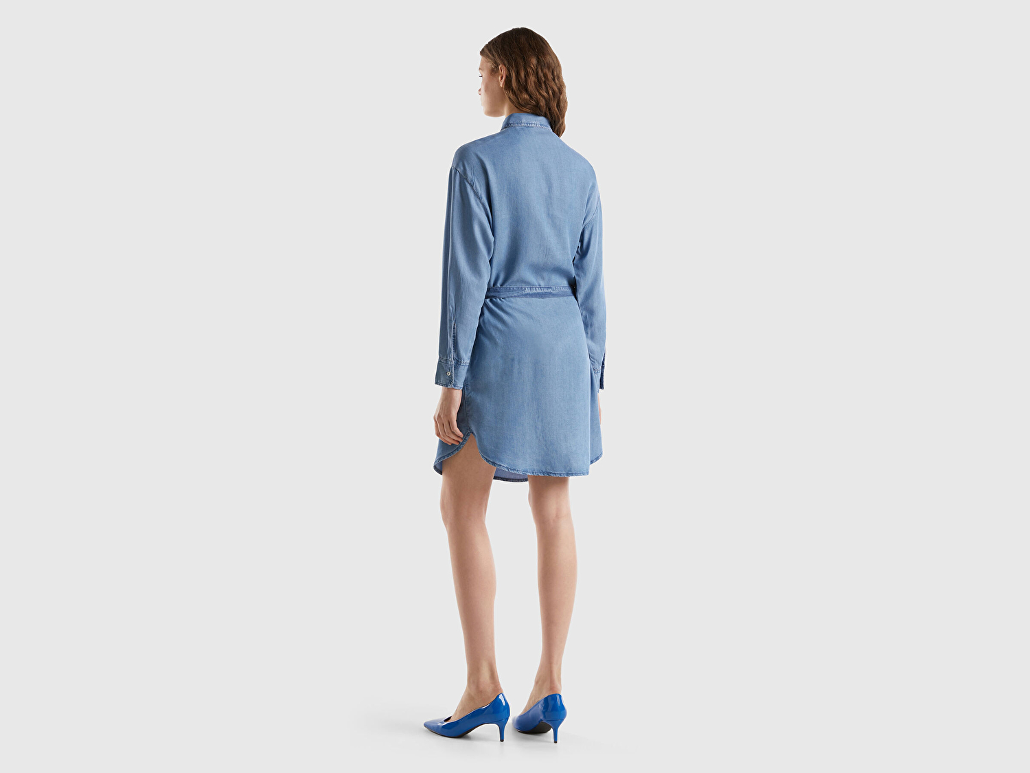 Benetton Kadın Mavi %100 Liyosel Göğsü Yama Cepli Belden Bağlamalı Denim Elbise
