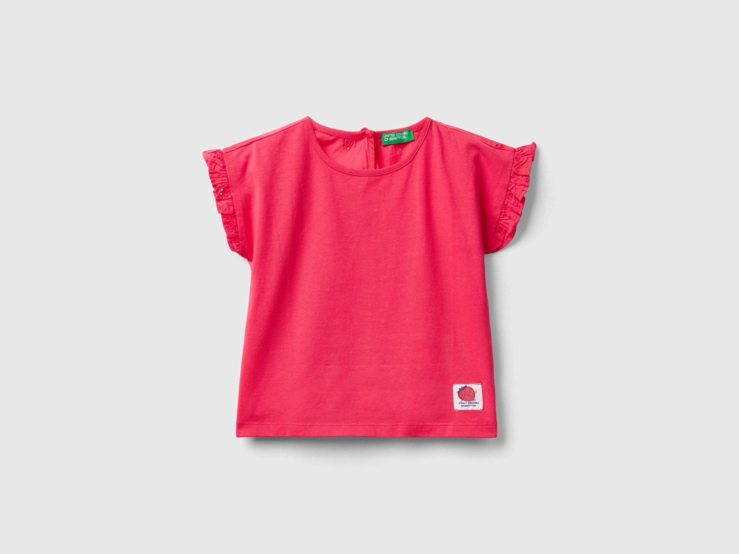 Benetton Kız Çocuk Fuşya Arkası Desenli Önü Logo Detaylı Kolları Fırfırlı T-Shirt