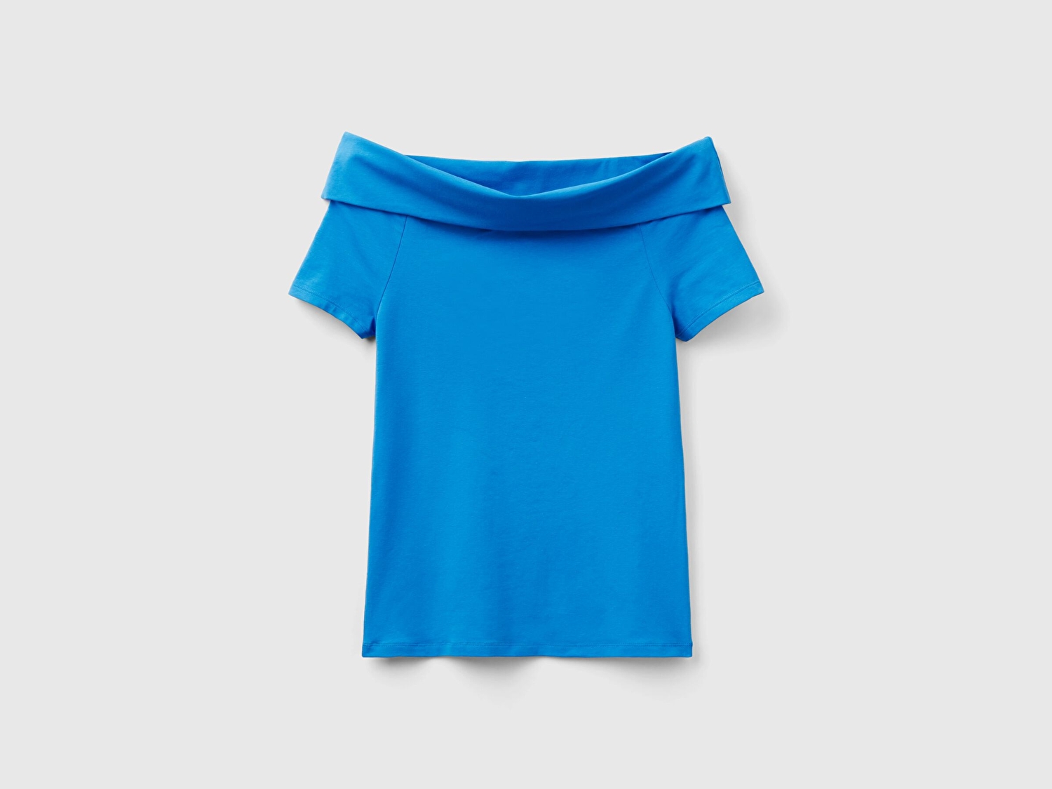 Benetton Kadın Mavi Pamuk Karışımlı Beli Daralan Kısa Kollu Şal Yaka T-shirt