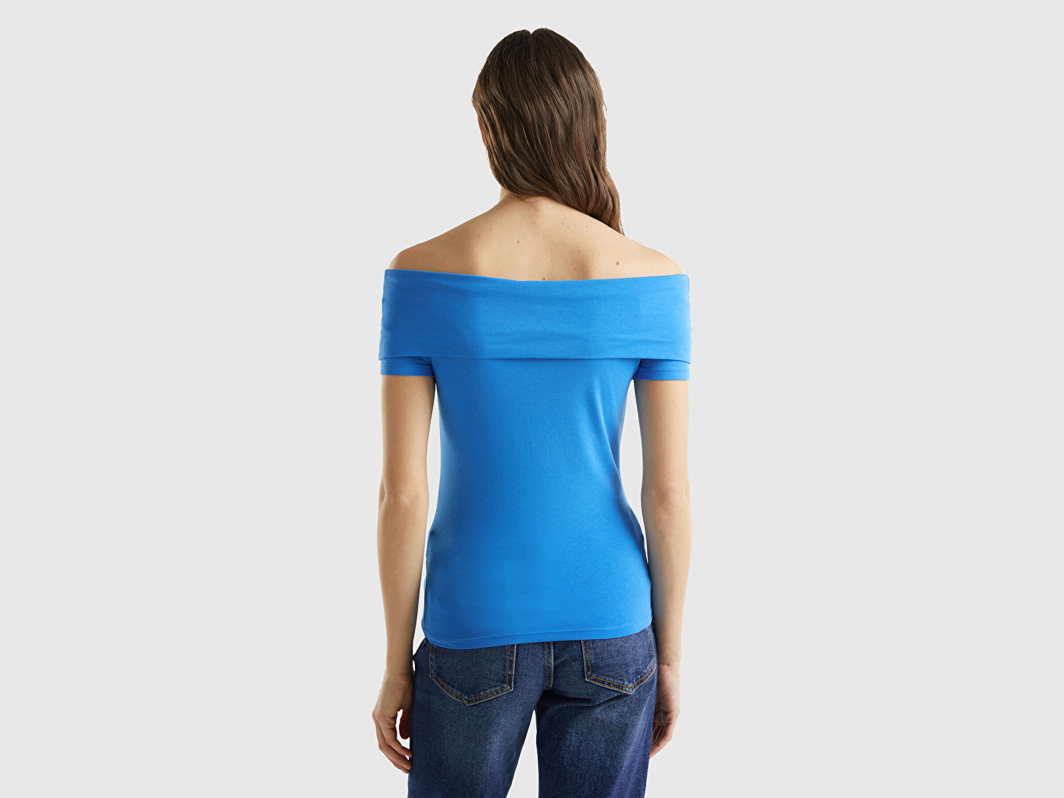 Benetton Kadın Mavi Pamuk Karışımlı Beli Daralan Kısa Kollu Şal Yaka T-shirt