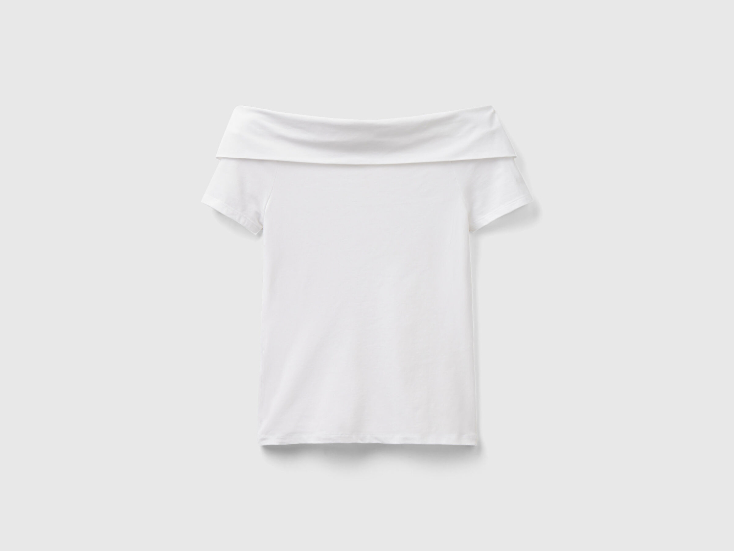 Benetton Kadın Beyaz Pamuk Karışımlı Beli Daralan Kısa Kollu Şal Yaka T-shirt