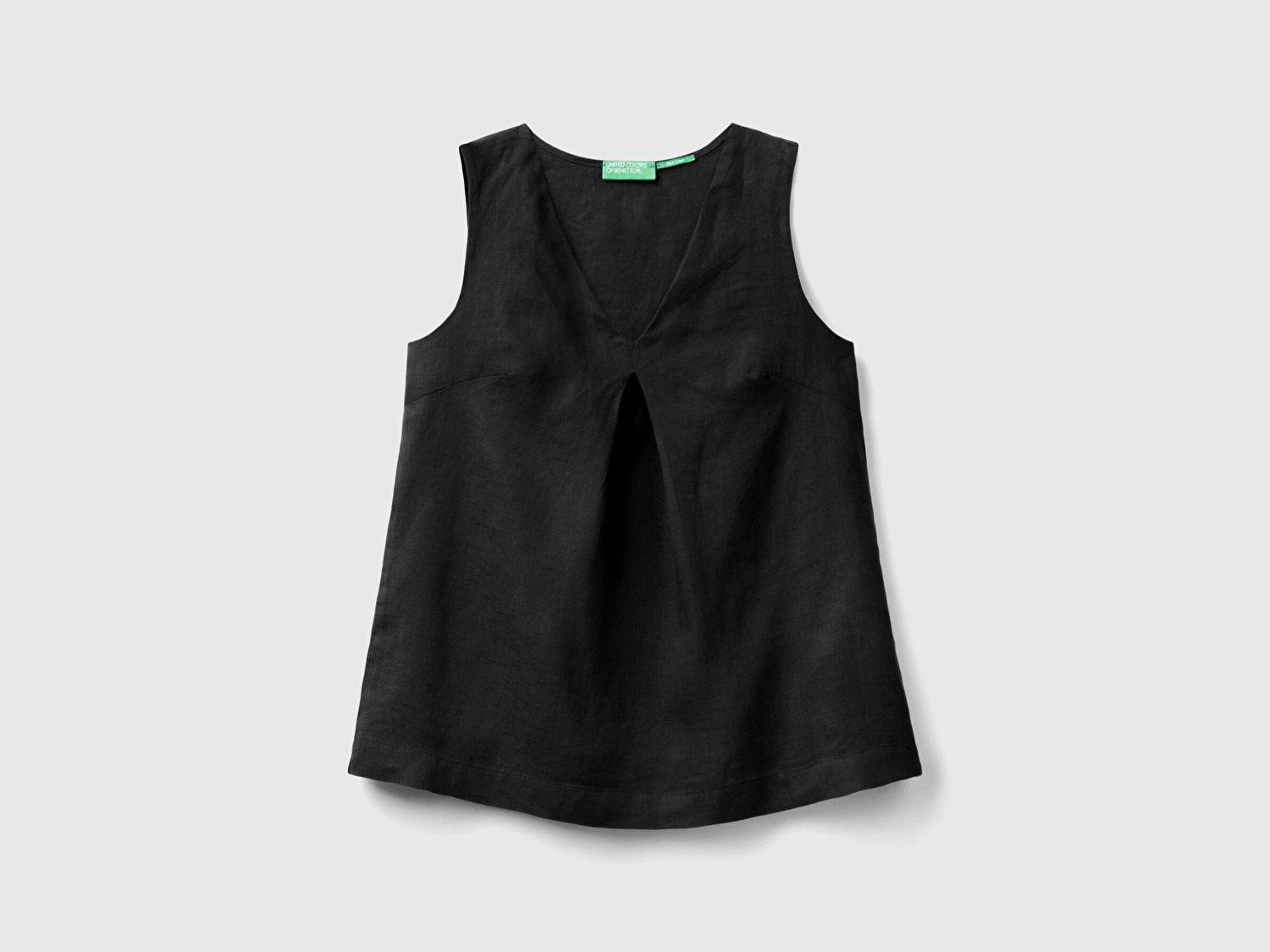 Benetton Kadın Siyah %100 Keten V Yaka Kolsuz Geniş Kesim Bluz