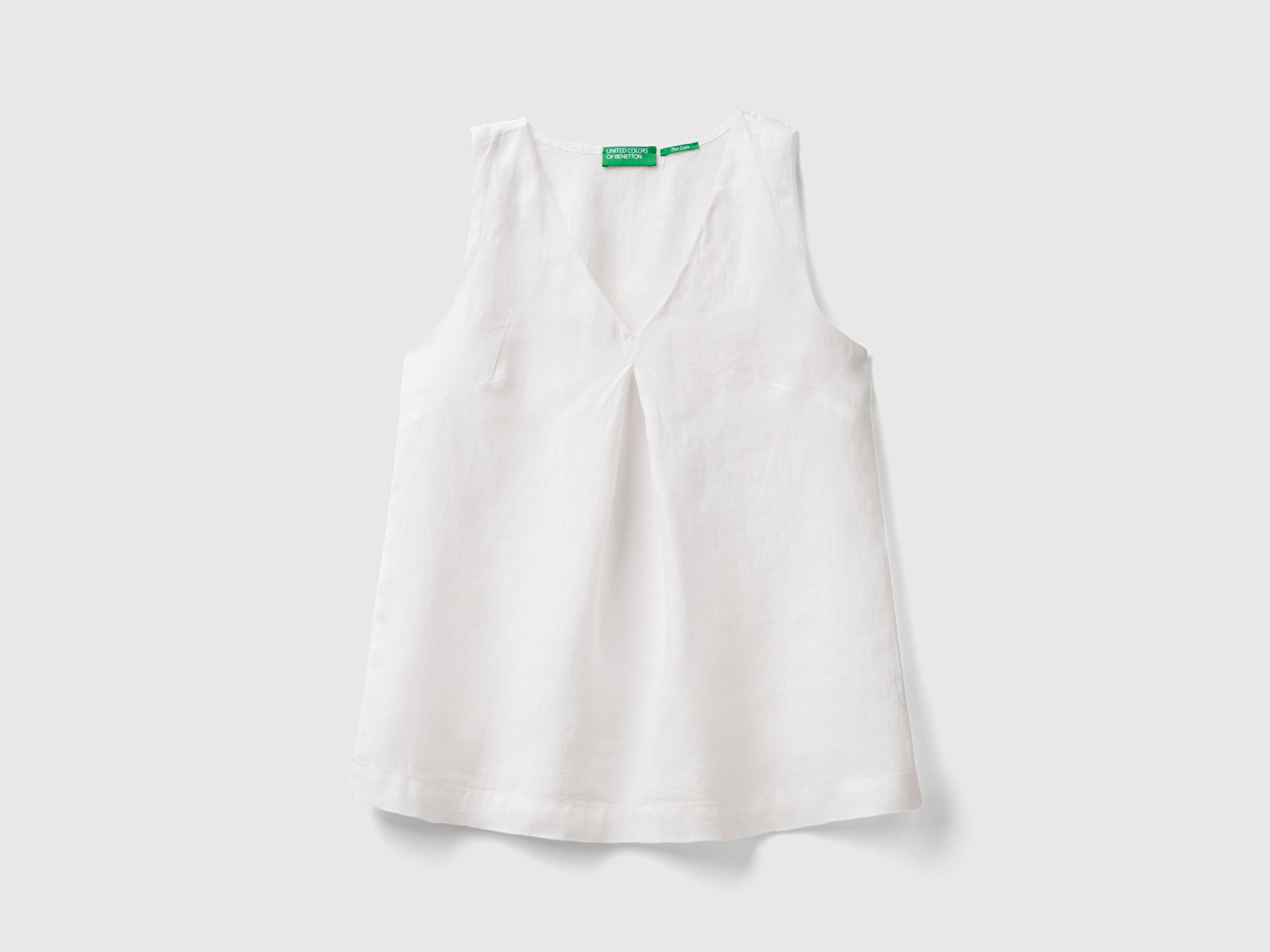 Benetton Kadın Beyaz %100 Keten V Yaka Kolsuz Geniş Kesim Bluz