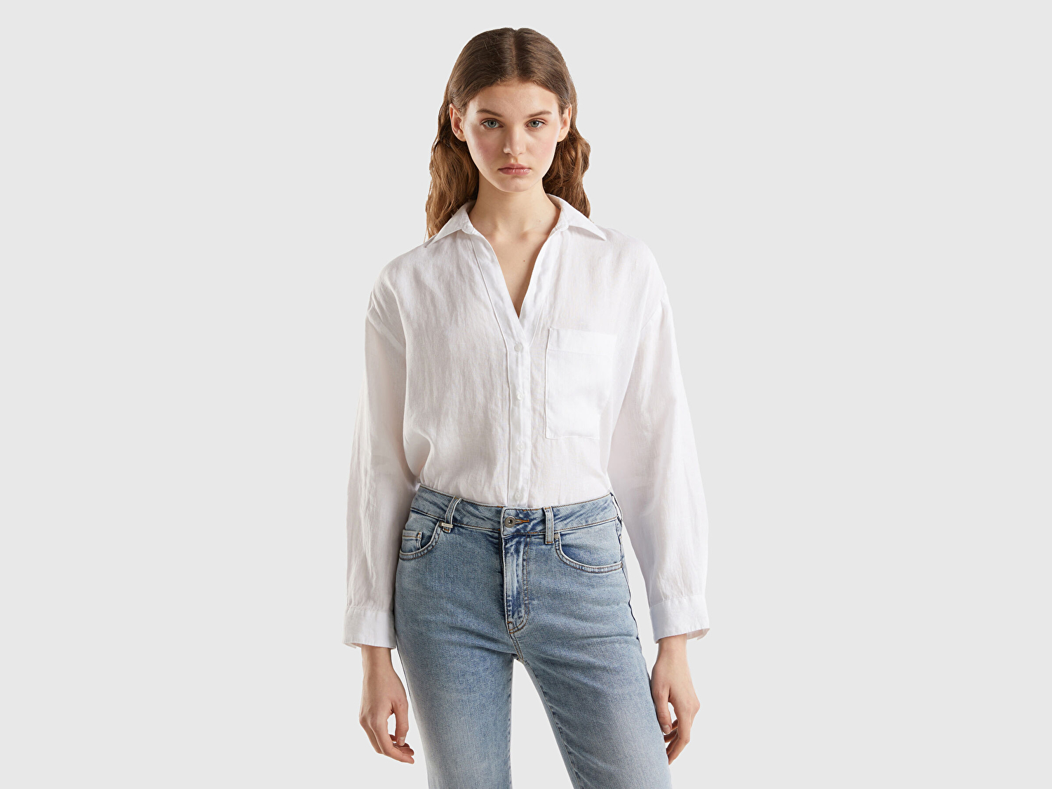 Benetton Kadın Beyaz %100 Keten Yama Cepli Uzun Kollu Gömlek