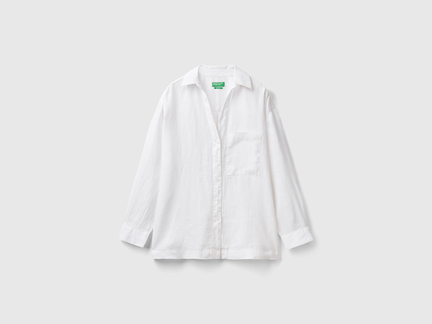 Benetton Kadın Beyaz %100 Keten Yama Cepli Uzun Kollu Gömlek