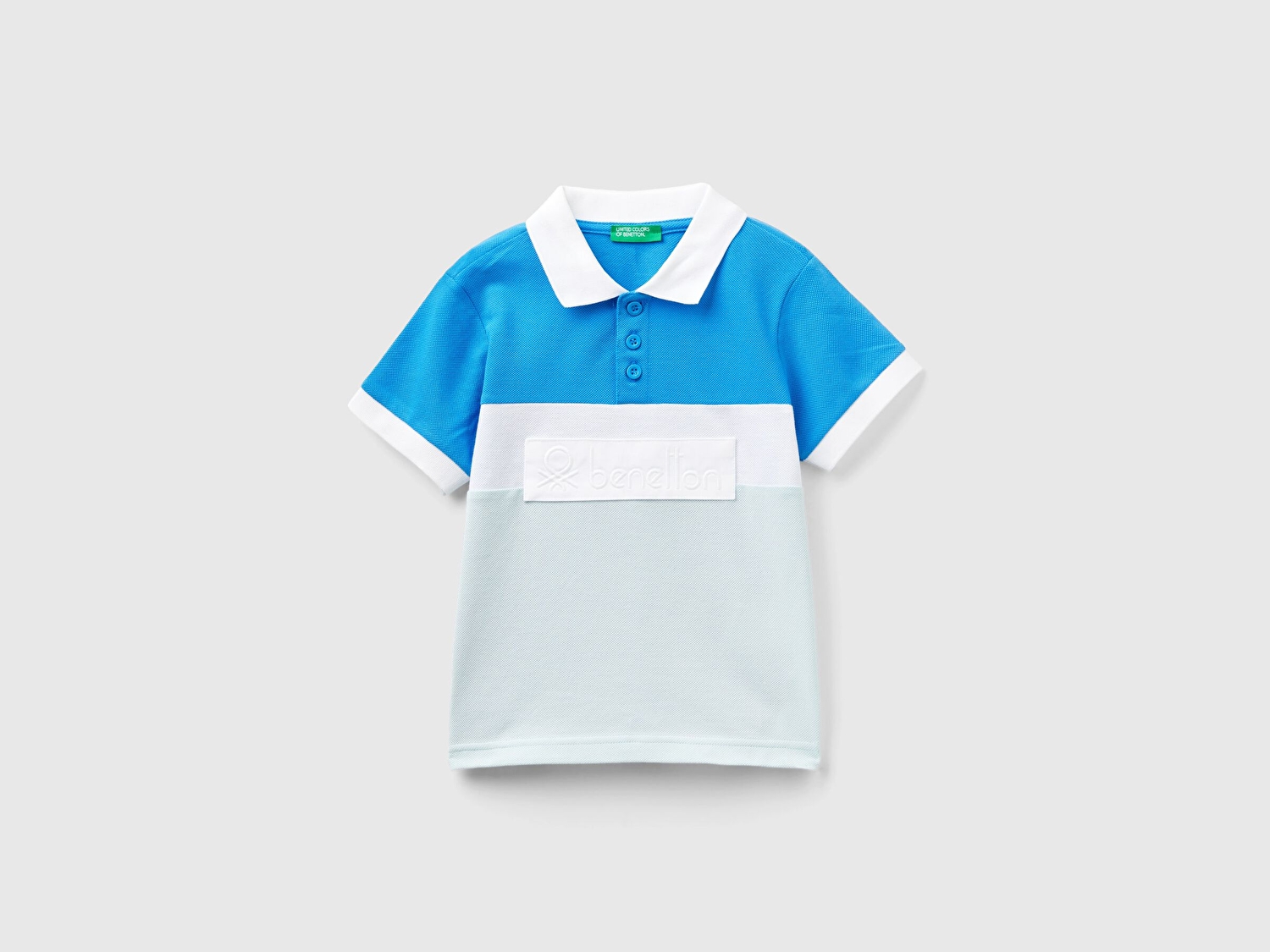 Benetton Erkek Çocuk Saks Mavi Önü Logo İşlemeli Renk Bloklu Polo T-Shirt