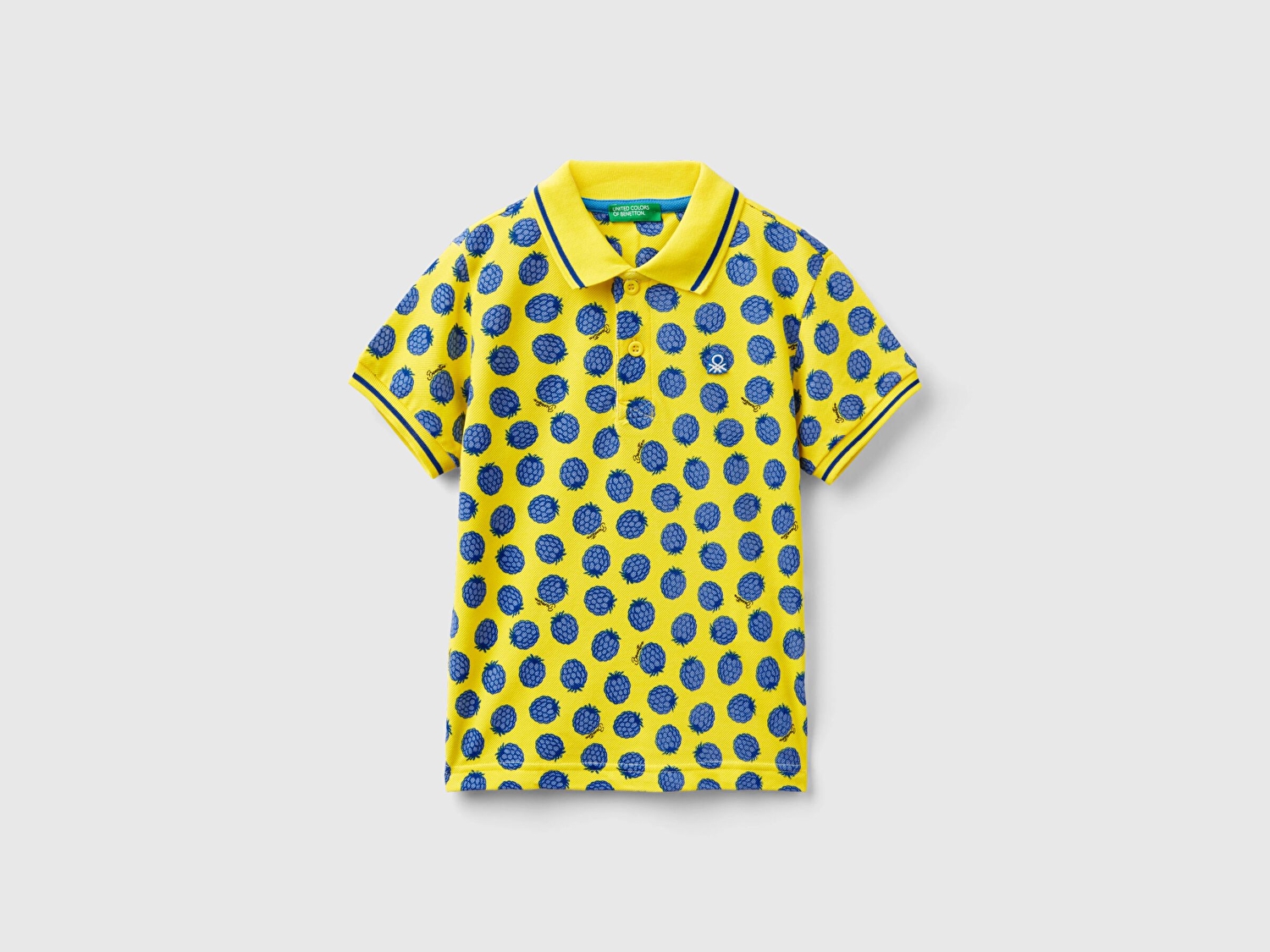 Benetton Erkek Çocuk Sarı-Mavi Sol Göğsü Logo Baskılı Yırtmaç Detaylı Desenli Polo T-Shirt