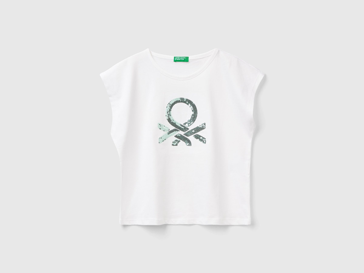 Benetton Kız Çocuk Beyaz Payetli Benetton Yazılı Yaz T-Shirt