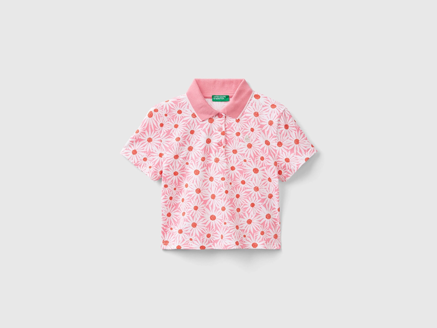 Benetton Kız Çocuk Pembe Tamamı Desenli Parlak Logo İşlemeli Düğmeli Polo Yaka T-Shirt