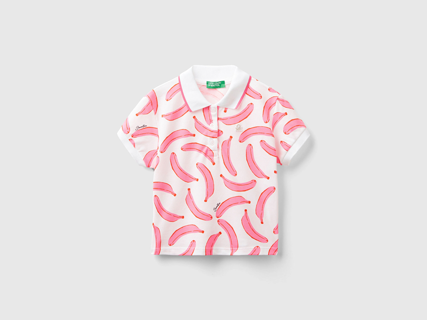 Benetton Kız Çocuk Pembe-Beyaz Tamamı Desenli Parlak Logo İşlemeli Polo Yaka T-Shirt