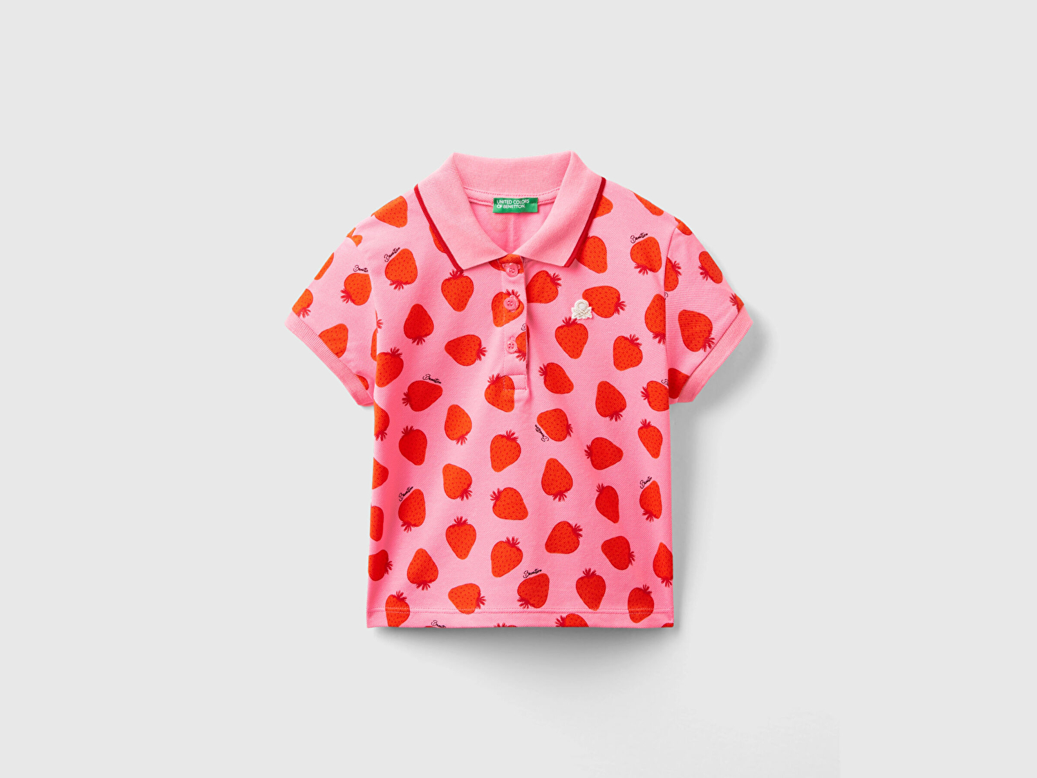 Benetton Kız Çocuk Kırmızı-Pembe Tamamı Desenli Parlak Logo İşlemeli Polo Yaka T-Shirt