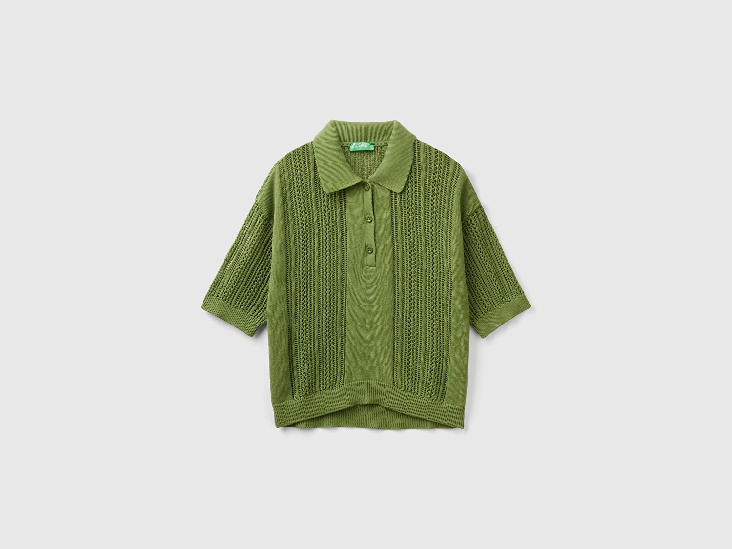 Benetton Kadın Soluk Yeşil %100 Pamuk Tığ İşi Kolları Büzgülü Polo Yaka Triko T-Shirt