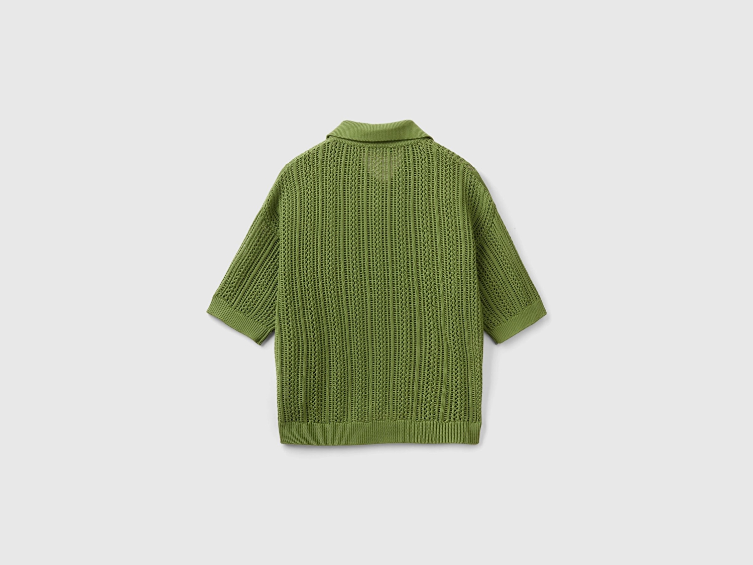 Benetton Kadın Soluk Yeşil %100 Pamuk Tığ İşi Kolları Büzgülü Polo Yaka Triko T-Shirt