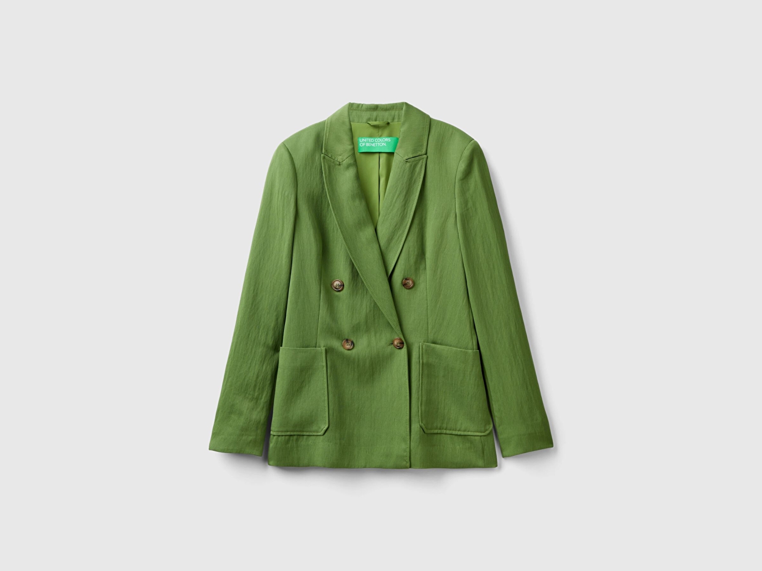 Benetton Kadın Soluk Yeşil Liyosel ve Viskoz Karışımlı Yama Cepli Kruvaze Blazer Ceket