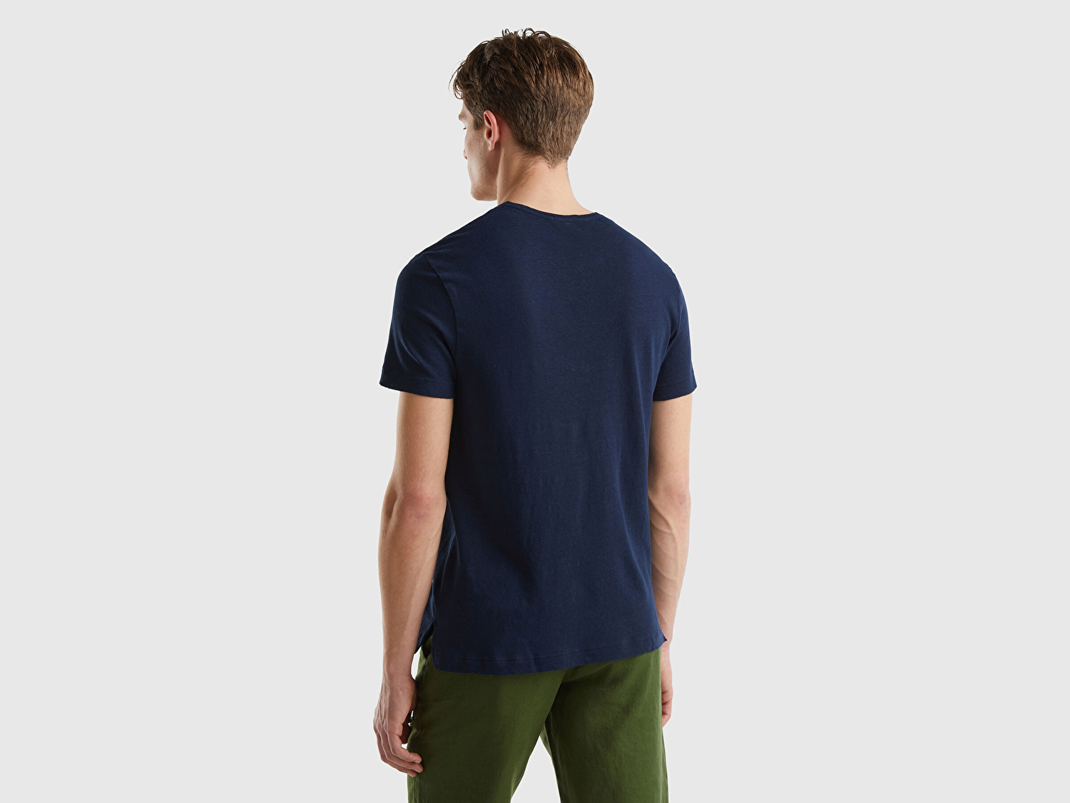 Benetton Erkek İndigo Keten Karışımlı Bisiklet Yaka Basic T-Shirt