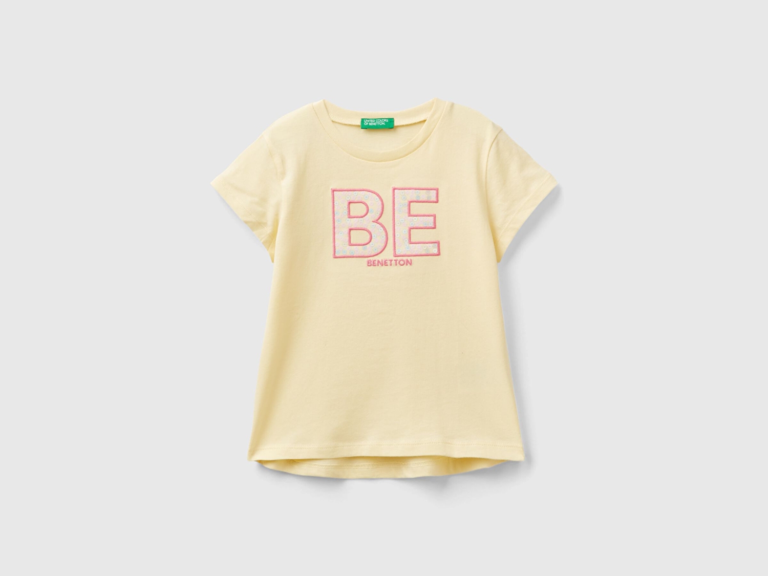 Benetton Kız Çocuk Sarı Payetli Logo İşlemeli Yaz T-Shirt