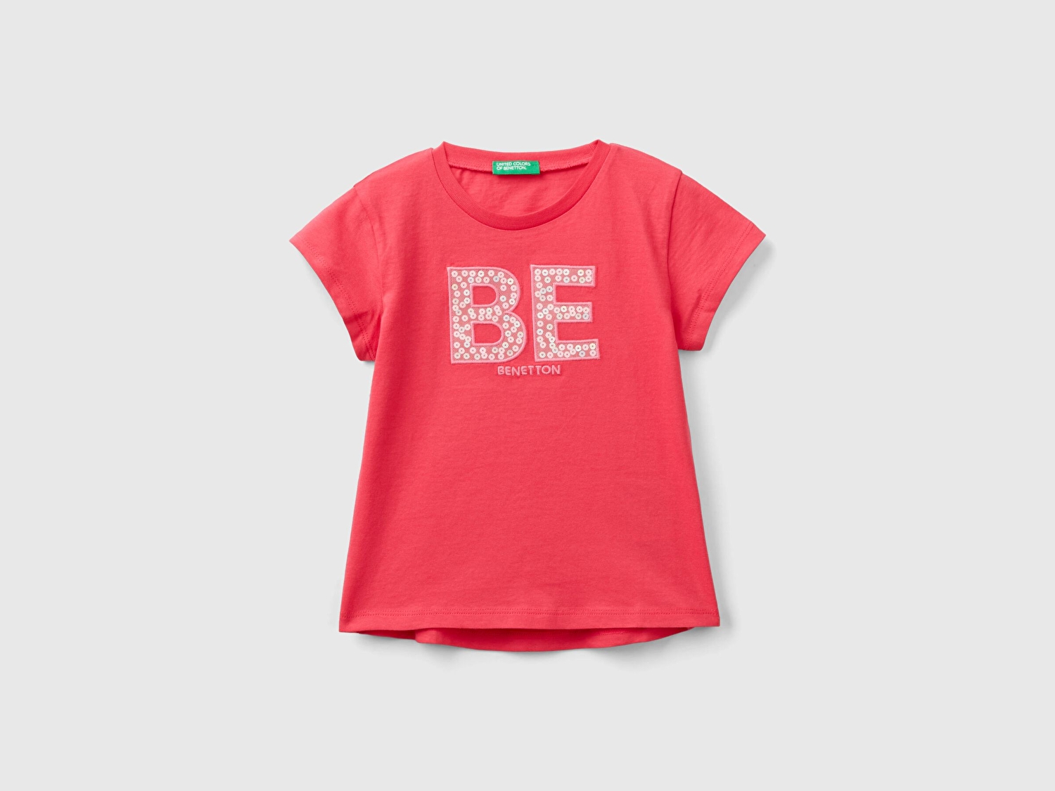 Benetton Kız Çocuk Fuşya Payetli Logo İşlemeli Yaz T-Shirt