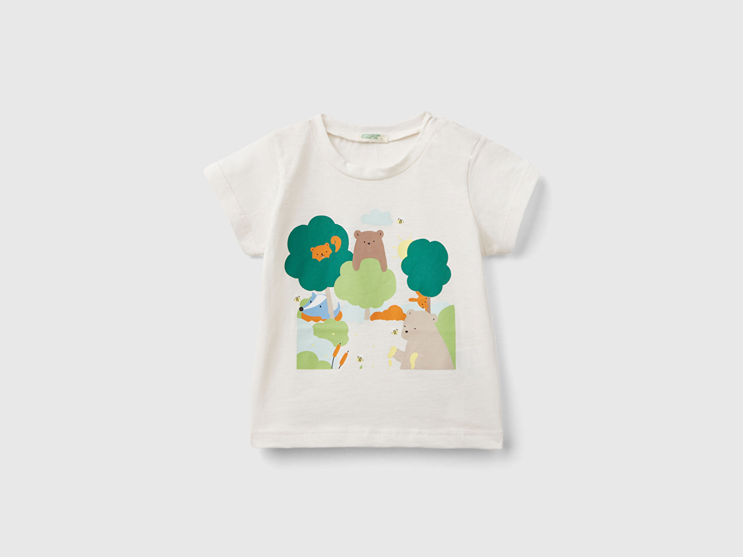Benetton Bebek Yeşil-Krem Önü Grafik Baskılı Omzu Çıtçıtlı T-Shirt