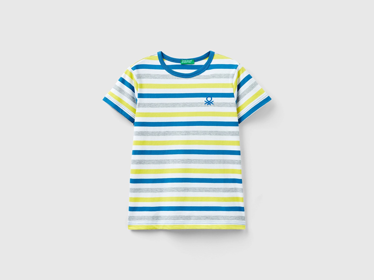 Benetton Erkek Çocuk Mavi Mix Logo İşlemeli Yatay Çizgili Bisiklet Yaka T-Shirt