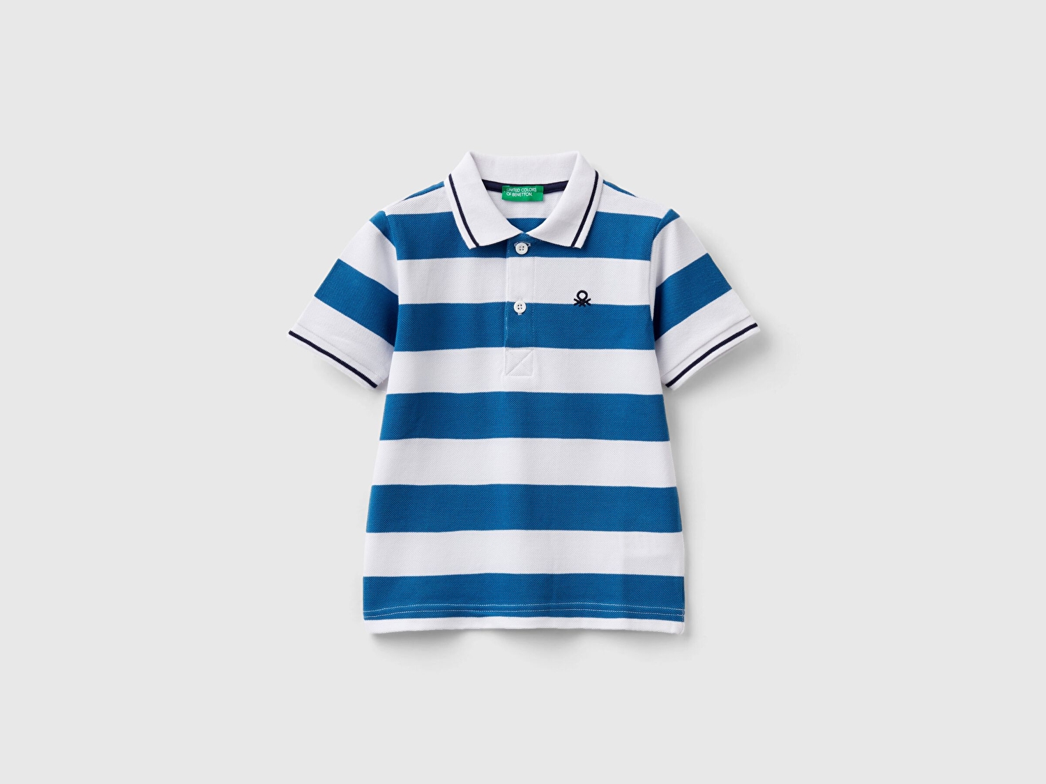 Benetton Erkek Çocuk Mavi-Beyaz Logo İşlemeli Çizgili Pike Polo T-Shirt