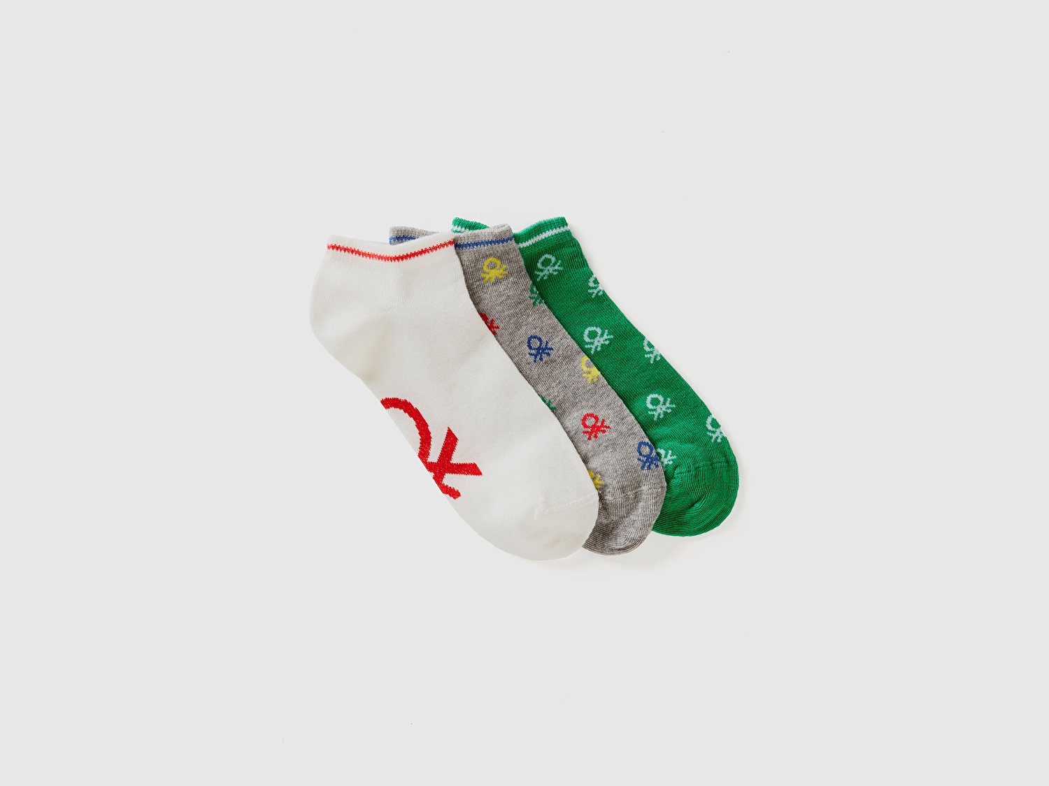 Benetton Erkek Çocuk Yeşil Mix Logo Baskılı Çok Renkli 3'lü Kısa Soket Çorap Seti