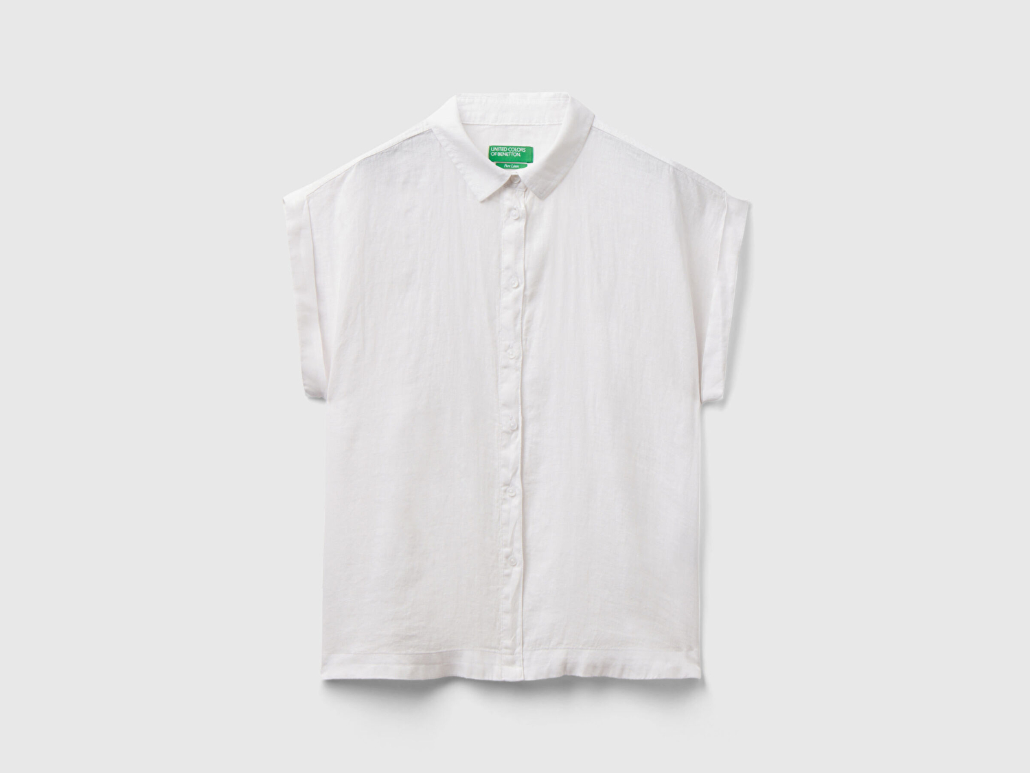 Benetton Kadın Beyaz %100 Keten Omuz Detaylı Kısa Kollu Gömlek