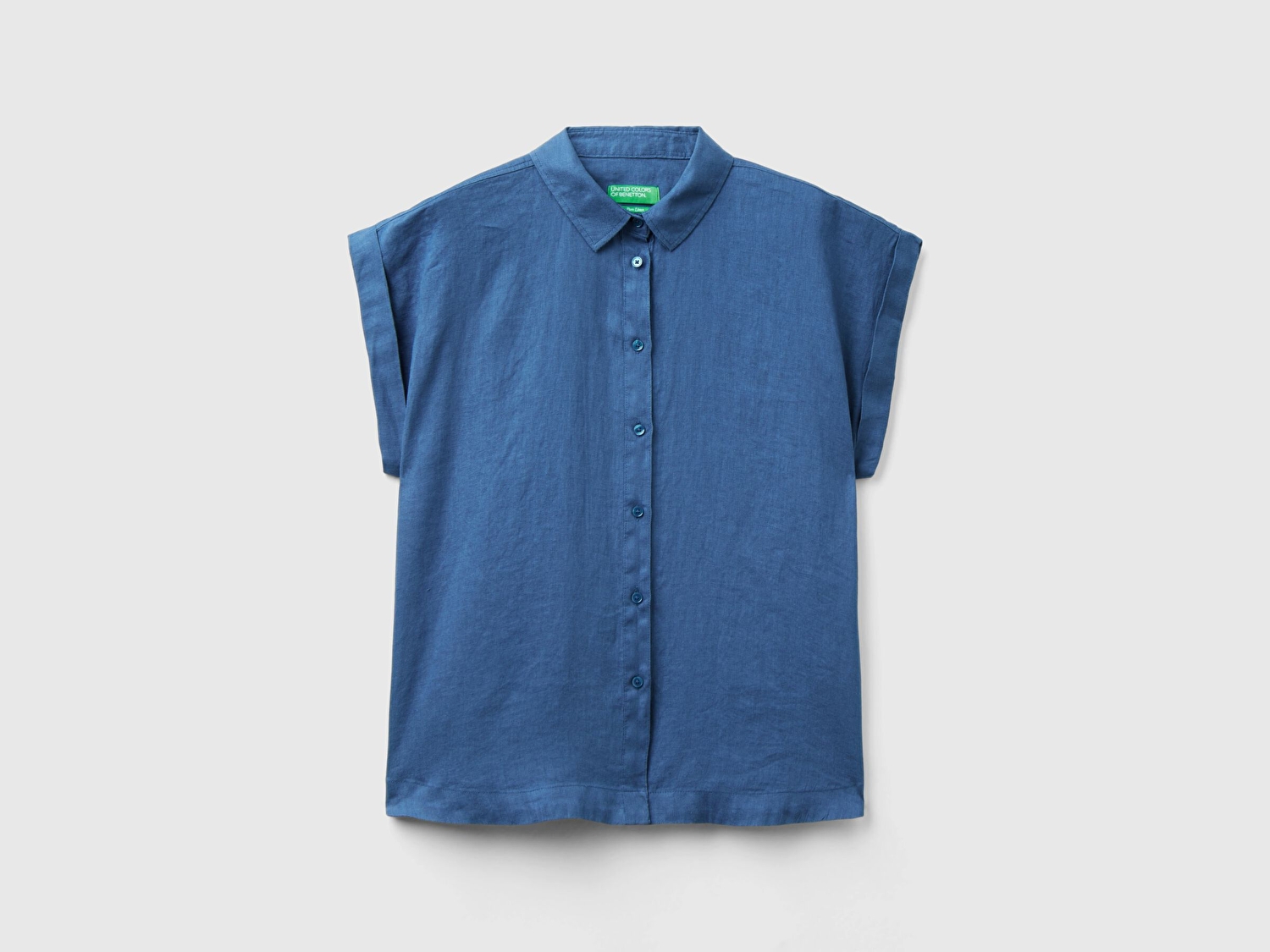 Benetton Kadın Gece Mavisi %100 Keten Omuz Detaylı Kısa Kollu Gömlek