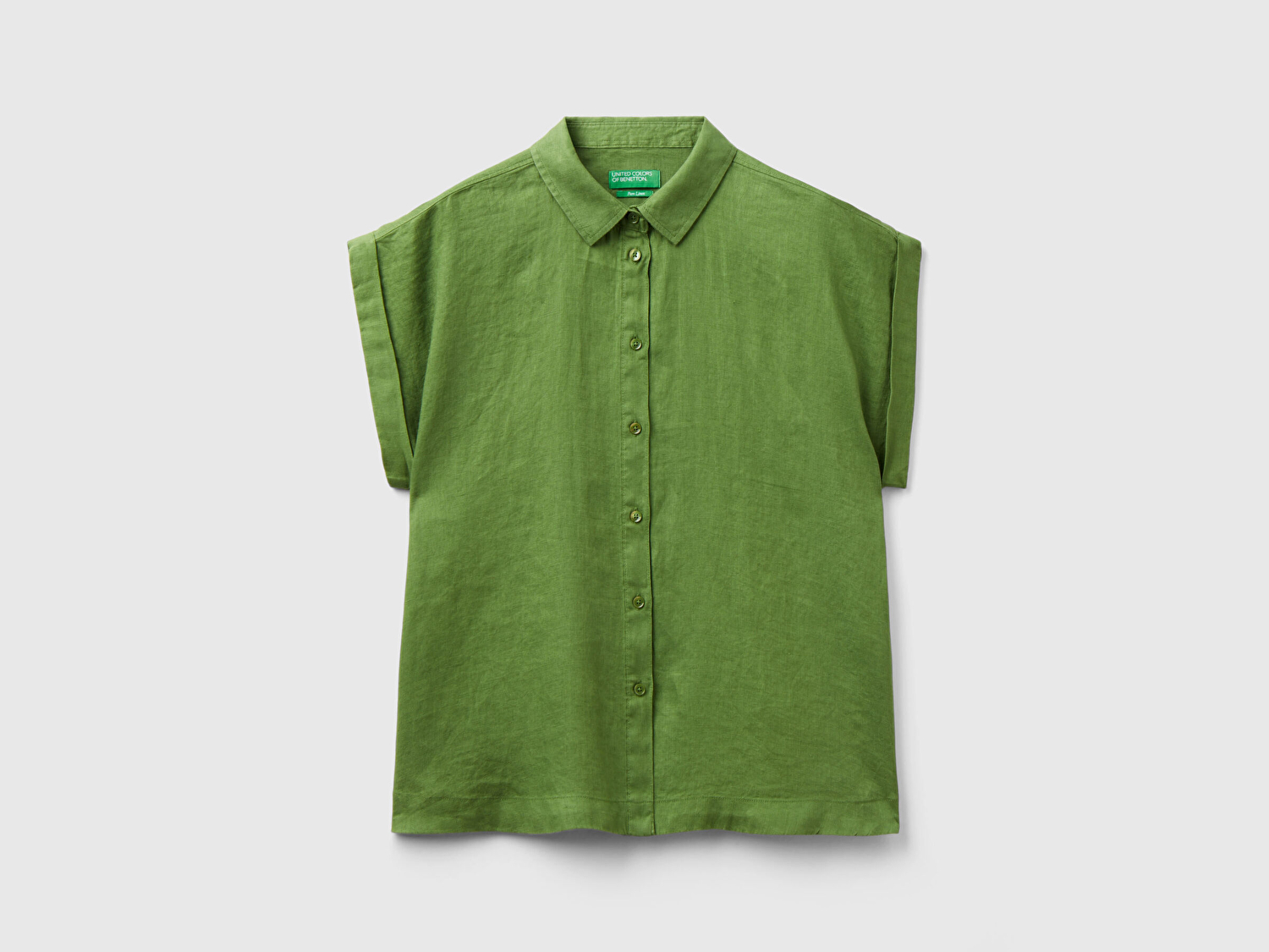Benetton Kadın Soluk Yeşil %100 Keten Omuz Detaylı Kısa Kollu Gömlek