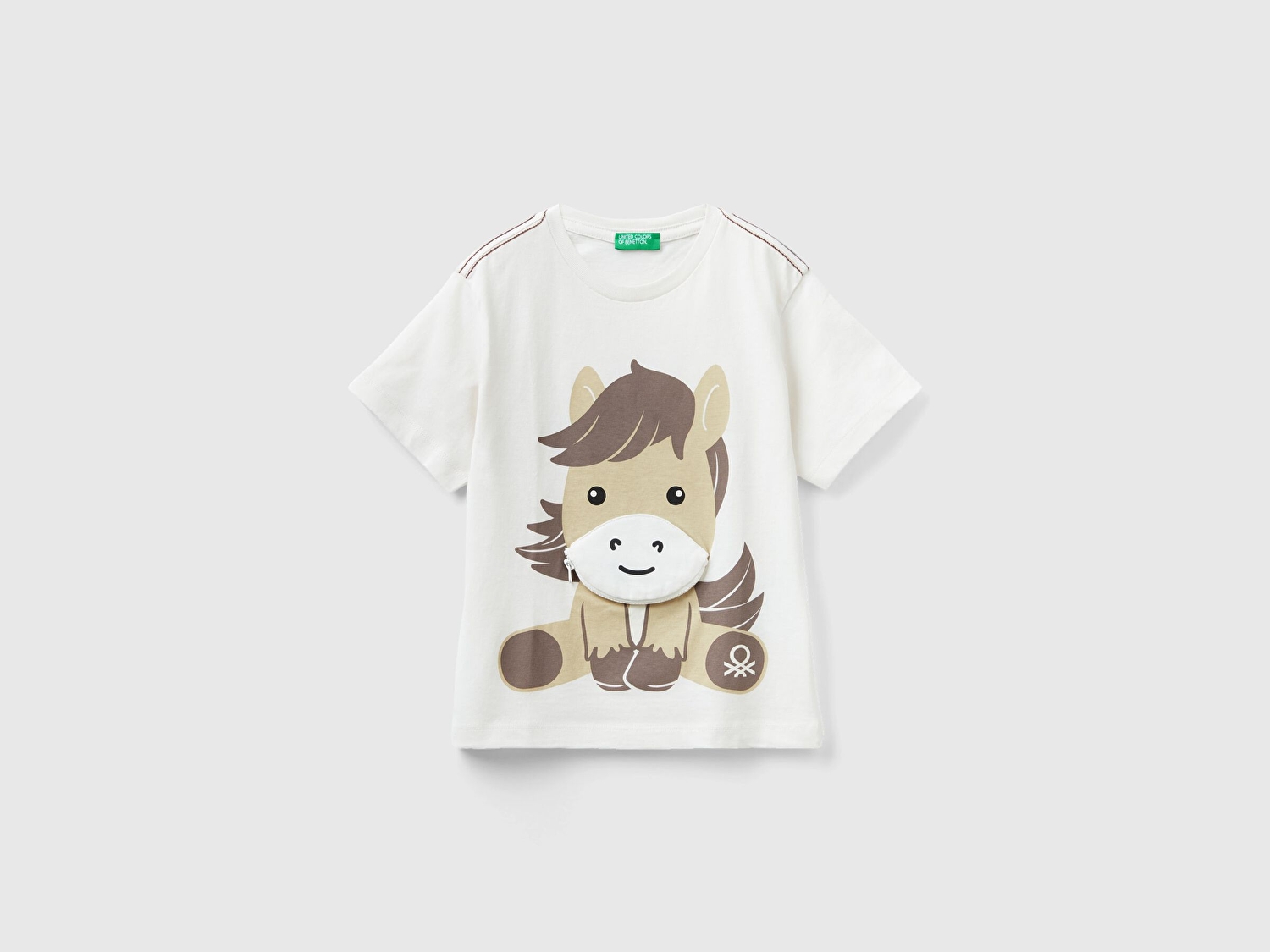 Benetton Erkek Çocuk Krem Önü Sevimli Hayvan Aplikeli T-Shirt