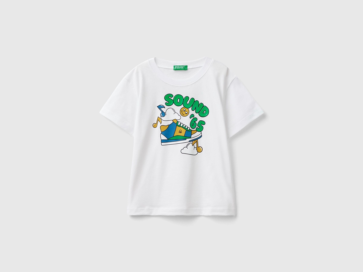 Benetton Erkek Çocuk Beyaz Renkli Baskılı Parlak Rölyef Detaylı Bisiklet Yaka T-Shirt