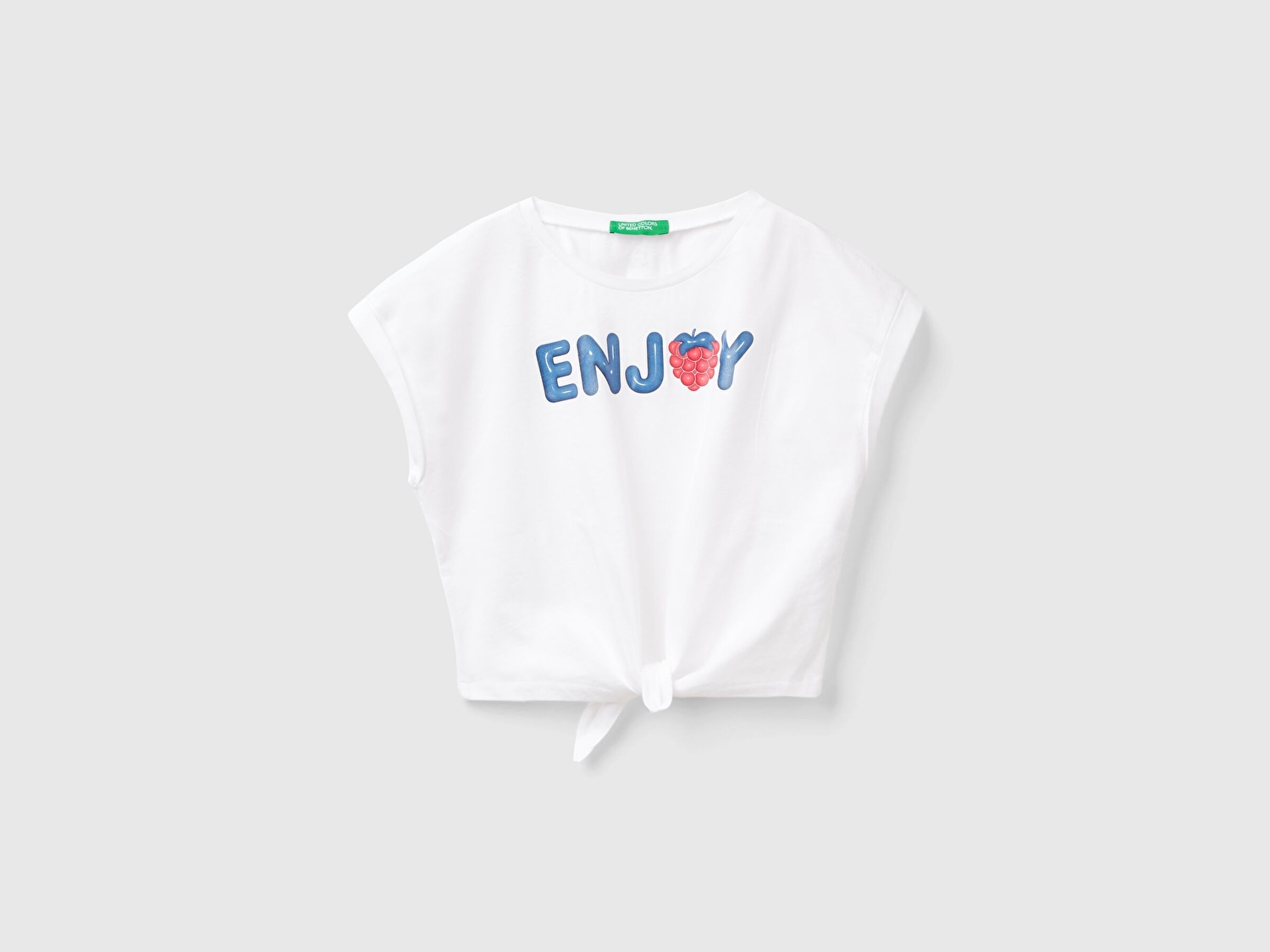 Benetton Kız Çocuk Beyaz Önü Slogan Baskılı Fiyonk Detaylı Bisiklet Yaka Crop T-Shirt