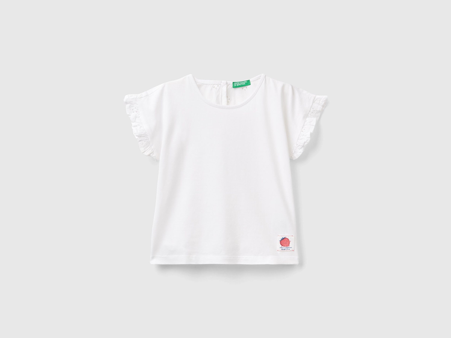 Benetton Kız Çocuk Beyaz Arkası Desenli Önü Logo Detaylı Kolları Fırfırlı T-Shirt