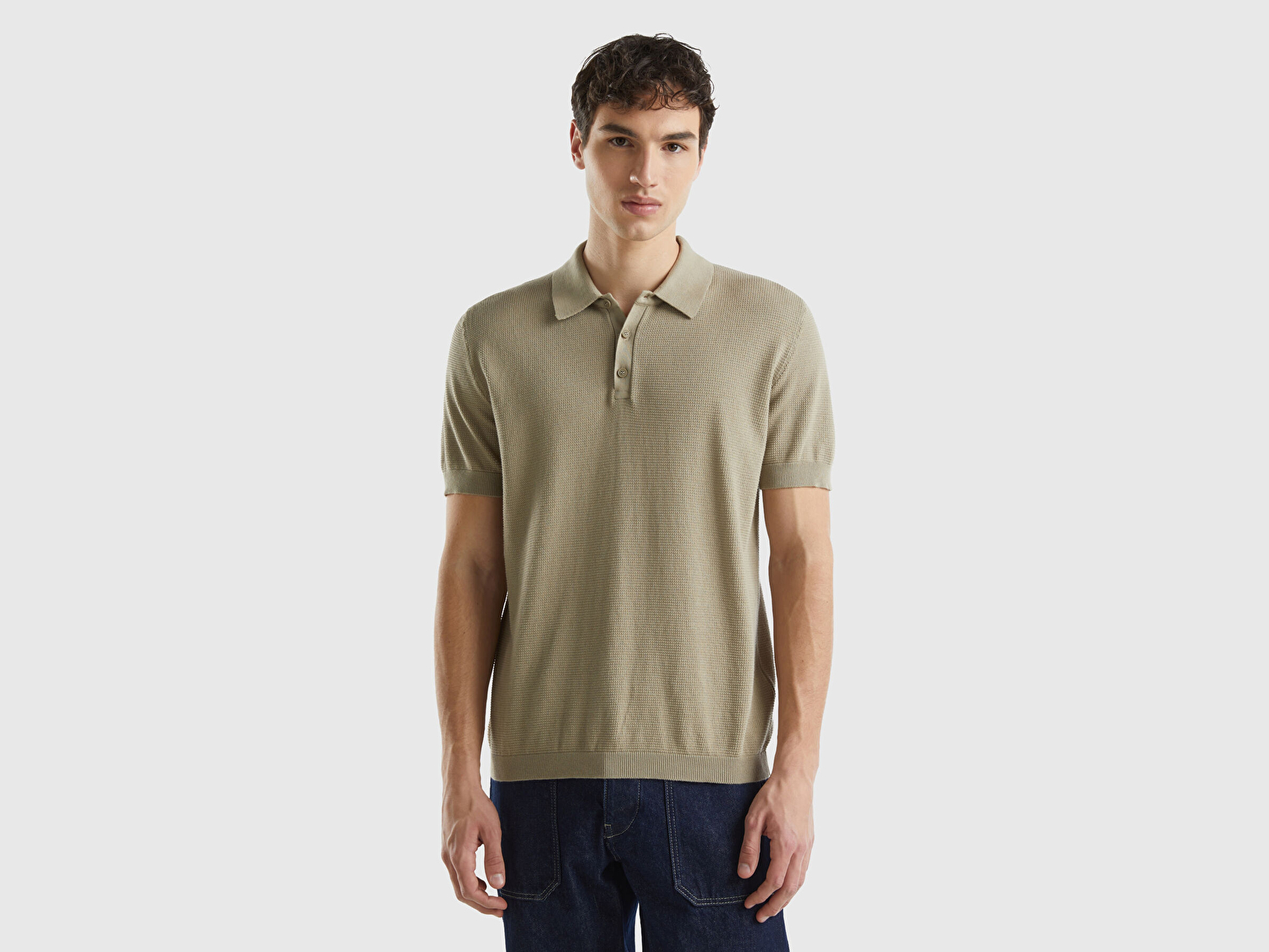 Benetton Erkek Haki %100 Pamuk 3 Düğmeli Kolları Büzgülü Polo Yaka Triko T-Shirt