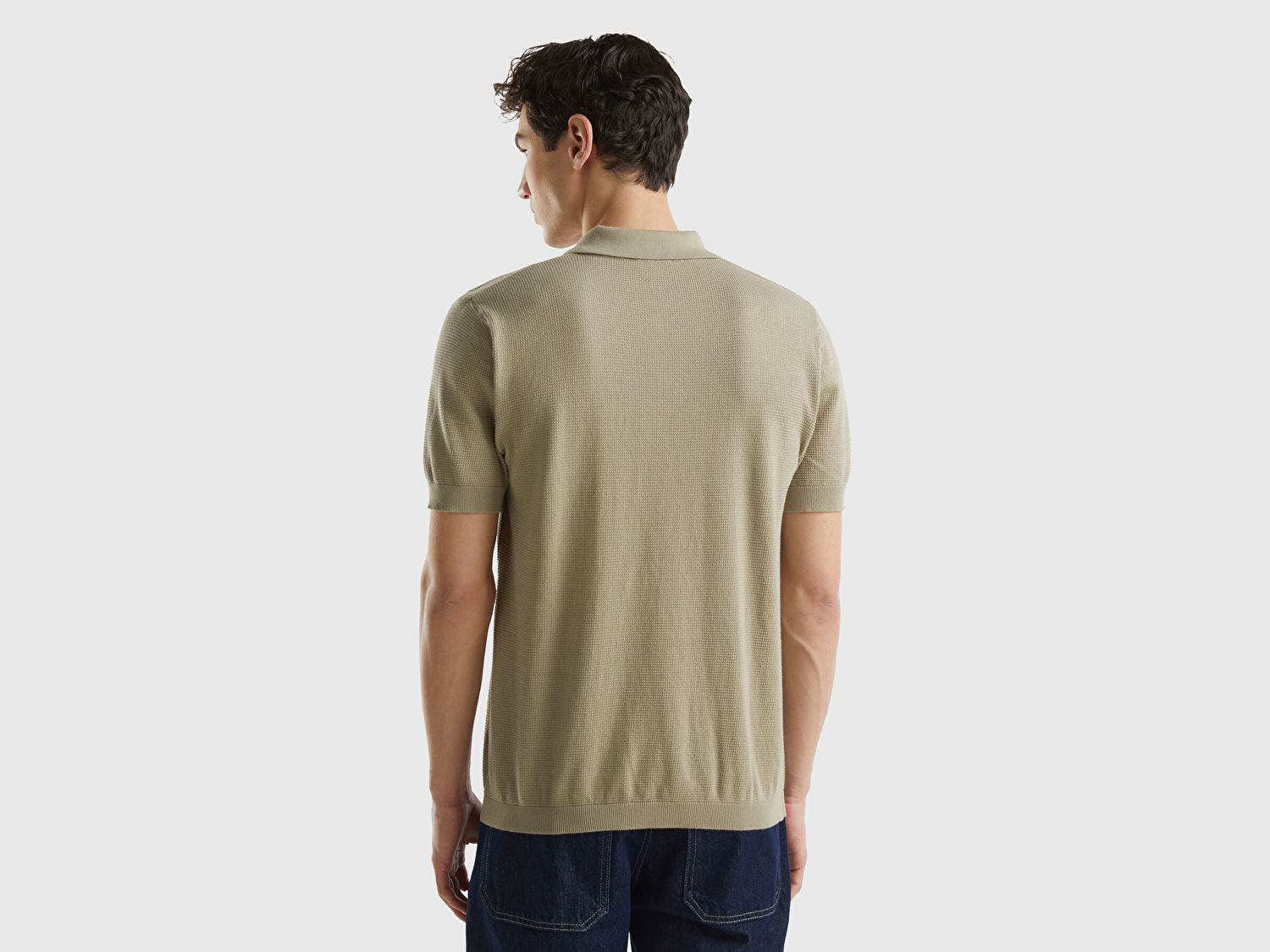 Benetton Erkek Haki %100 Pamuk 3 Düğmeli Kolları Büzgülü Polo Yaka Triko T-Shirt