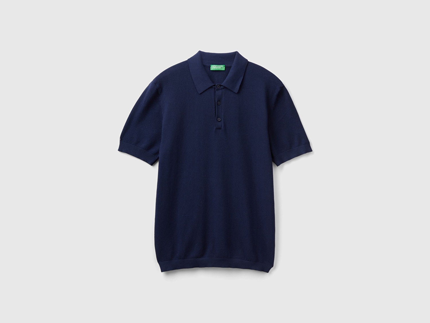 Benetton Erkek Koyu Lacivert %100 Pamuk 3 Düğmeli Kolları Büzgülü Polo Yaka Triko T-Shirt