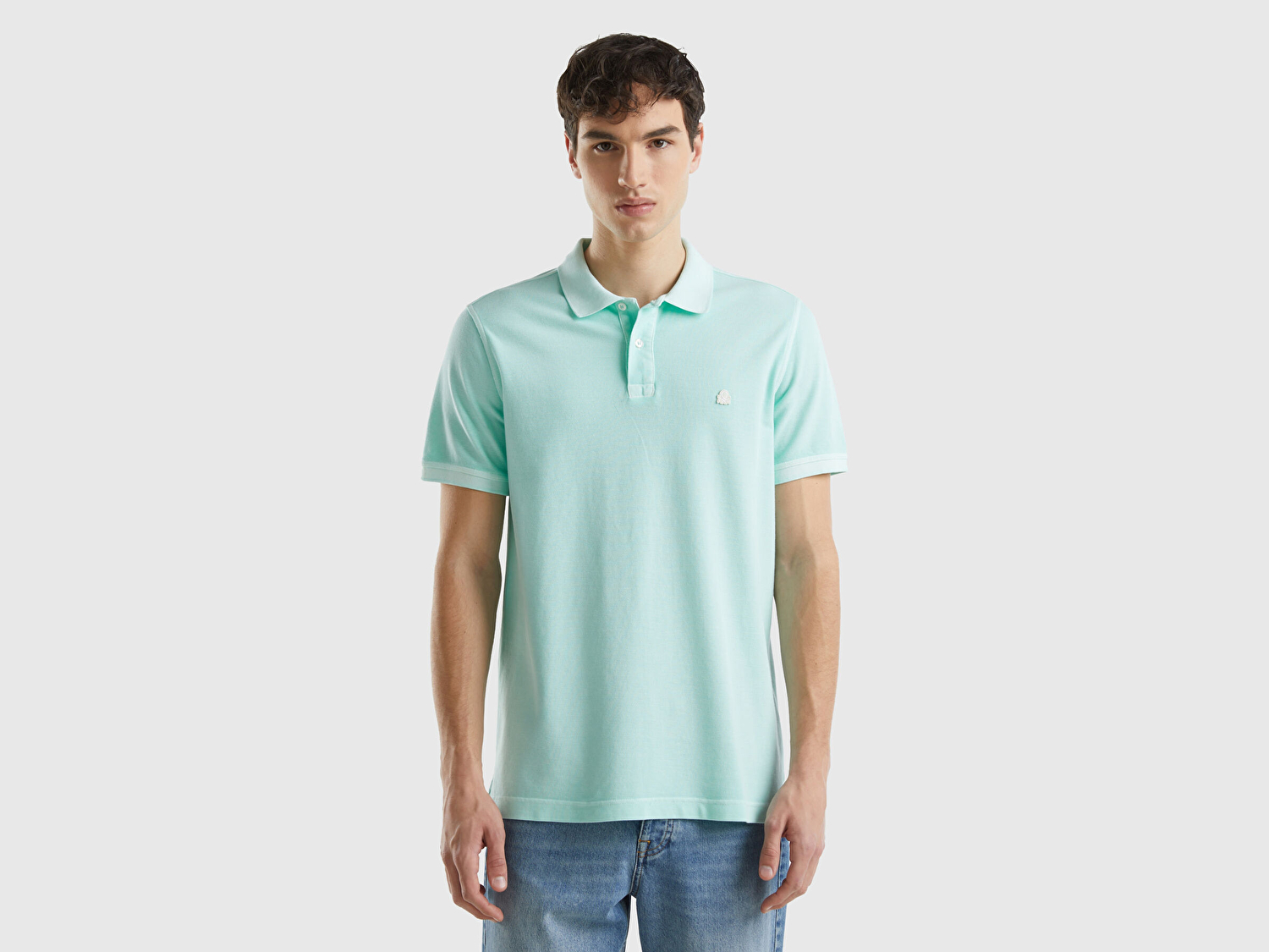 Benetton Erkek Açık Yeşil %100 Pamuk Göğsü Yama Logo İşlemeli Polo Yaka T-Shirt